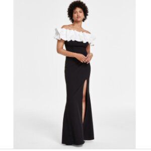 City Studios Junior's Satin Ruffle Off-the-Shoulder Gown - Black/ivor